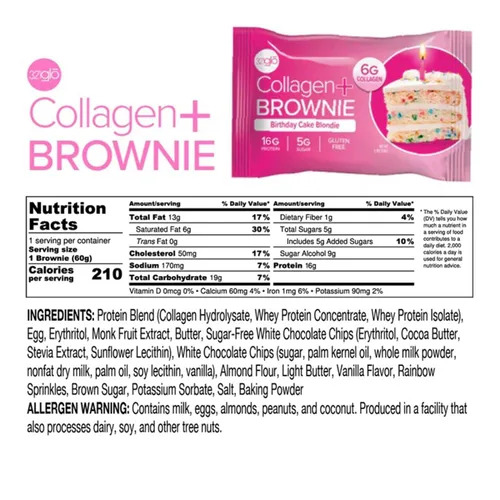 Vista 2 de 321glo Brownie de proteína de colágeno, sin gluten, bajo en azúcar, aperitivo keto para mujeres, hombres y niños, 0.66 onzas de proteína, 0.26 onzas