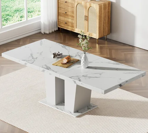 Vista 7 de HomVent - Juego de mesa de comedor extensible de mármol sintético blanco para 4 63"-79" Extendable Dining Room Table Set with 4 Velvet Chairs