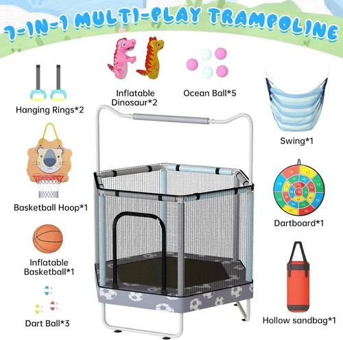 Vista 6 de LAMERGE Trampolín redondo 7 en 1 de 55 pulgadas para niños y niñas de 1 a 8 años, trampolín para interiores y exteriores para diversión, barandilla