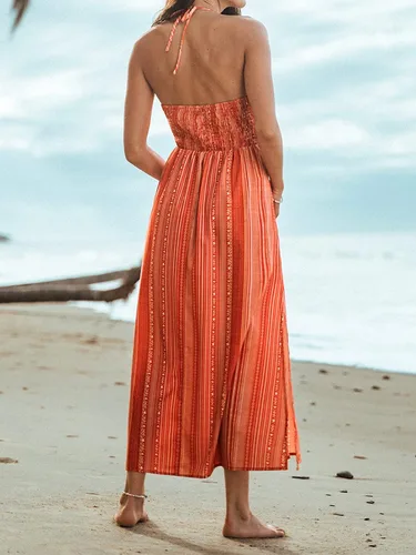 Vista 3 de CUPSHE Vestido de verano floral sin espalda para mujer, cuello halter, tirantes delgados, volantes, casual, playa, vacaciones, maxivestido