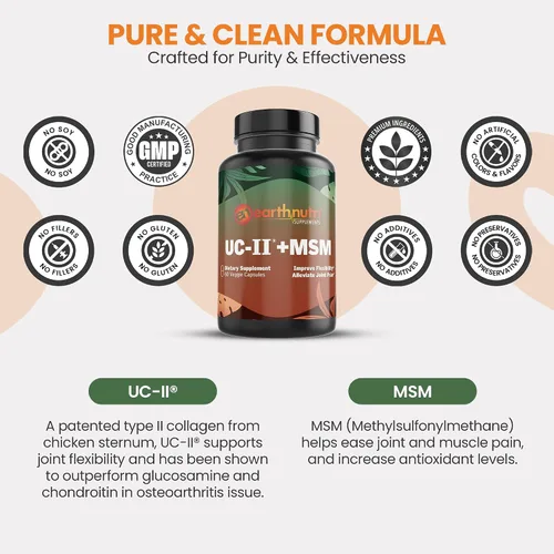 Vista 3 de EarthNutri Joint UC-II + MSM para la salud y flexibilidad ósea. Promueve la reparación saludable de las articulaciones y un mejor movimiento. 40 mg