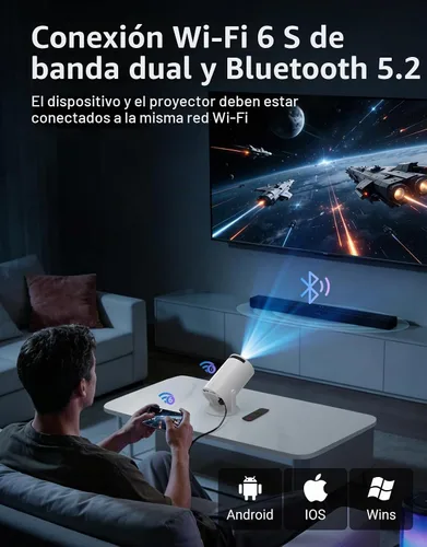 Vista 5 de Mini proyector con WiFi 6 y Bluetooth 5.2, aplicación incorporada, proyector portátil inteligente compatible con 4K 1080P FHD, 180° giratorio