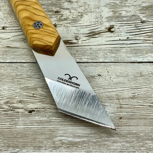 Vista 3 de Cuchillo Kiridashi, cuchillo japonés para tallar madera N690 de 1/8 de pulgada, hoja de acero N690, mango de madera de nogal o olivo con funda