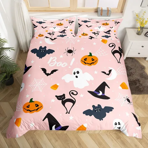 Vista 21 de Juego de ropa de cama de Halloween, funda de edredón gótica de murciélagos negros con telarañas, funda de edredón individual, diseño de arañas