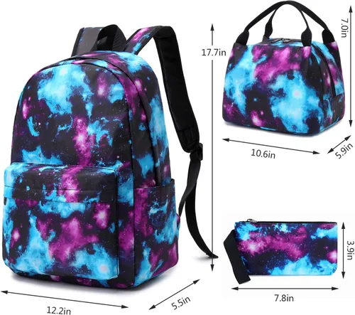 Vista 5 de Juego de mochila de lona impermeable Galaxy para laptop de 14 pulgadas, mochila escolar universitaria con lonchera y estuche para lápices