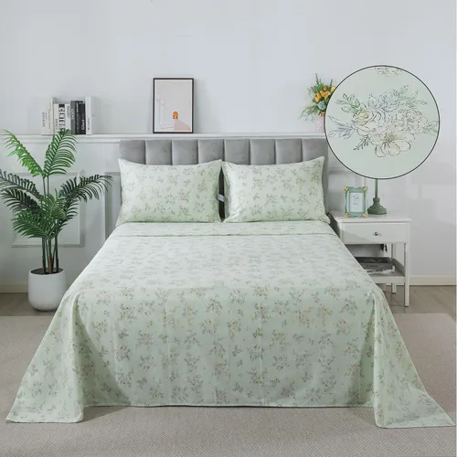 Vista 29 de FADFAY Juego de sábanas tamaño King, sábanas de algodón percal rosa floral con bolsillo profundo, ropa de cama vintage lujosa azul con estampado