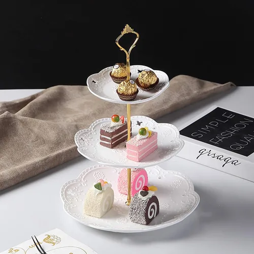 Vista 3 de Jusalpha soporte para cupcakes de 3 niveles, soporte para pasteles de porcelana blanca, soporte para postres, bandeja de servir para la hora del té