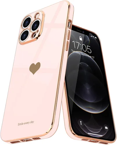 Vista 11 de Teageo Funda para iPhone 12 Pro para mujeres y niñas, diseño de corazón de amor, cubierta trasera suave, protección completa de la cámara, Negro