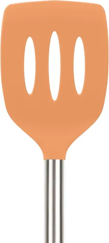 Vista 2 de Tovolo Espátula de silicona ranurada con mango ranurado de acero inoxidable de 10 pulgadas, color naranja albaricoque, resistente al calor,
