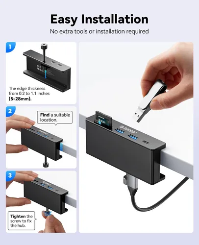 Vista 6 de ORICO Hub USB 3.2, Abrazadera USB Hub con puerto de fuente de alimentación adicional, extensor USB de 5 puertos de aluminio de 10 Gbps con 2 puertos