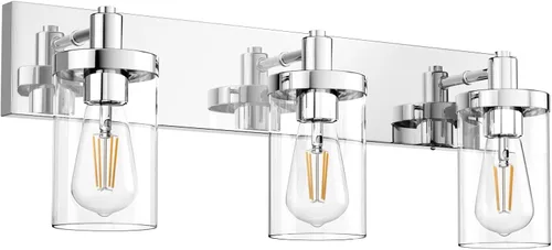 Vista 16 de Aipsun Accesorios de iluminación de tocador de baño, luz cromada, 2 luces, luz de baño de acero inoxidable con pantalla de vidrio transparente
