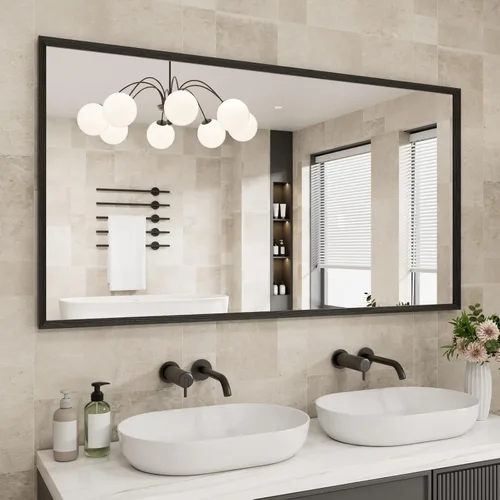 Vista 76 de JISOSO - Espejo de baño negro de 20x30 pulgadas con marco de metal negro, espejo de tocador rectangular redondeado con acabado mate para pared