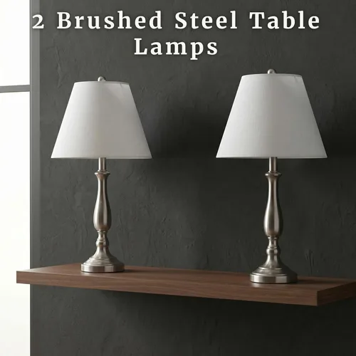 Vista 3 de Lámparas de mesa de acero cepillado, juego de 2 luces tradicionales con bombillas LED, decoración del hogar para dormitorio, sala de estar, oficina