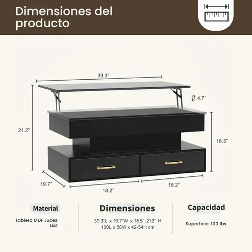 Vista 2 de IKIFLY Mesa de Centro Moderna con Tapa Elevable, Alto Brillo con Luces LED de 16 Colores, Tapa Elevable con 2 Cajones y Compartimento Oculto