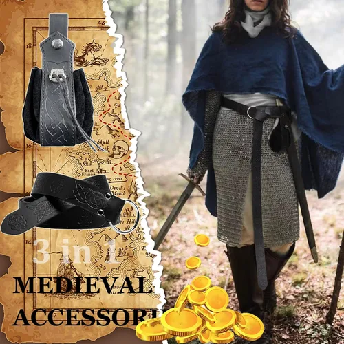 Vista 2 de Riñonera para cinturón, riñonera medieval, vintage, de cuero, funda para teléfono celular, funda para cinturón, bolsillo, casual, senderismo