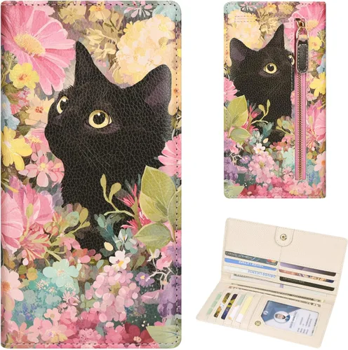 Vista 34 de Billetera para mujer, billetera RFID extradelgada, bolso plegable de cuero, con 11 ranuras para tarjetas y ventana de identificación, lindo monedero