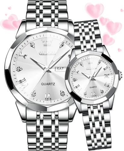 Vista 54 de OLEVS Reloj para parejas para él y ella, reloj analógico de cuarzo para hombres y mujeres, de acero inoxidable, impermeable, luminoso, fecha, reloj