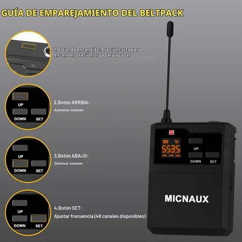 Vista 6 de Sistema de micrófono inalámbrico de solapa con auriculares y micrófonos de solapa, transmisores UHF, mini receptor recargable, 48 canales en 500