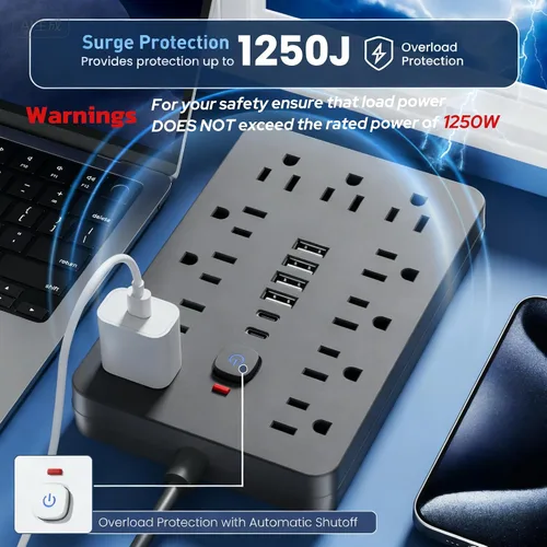 Vista 8 de JouleLoom Tira de alimentación con protector contra sobretensiones de enchufe plano de 6 pies, 11 tomas de corriente alterna con 6 puertos USB