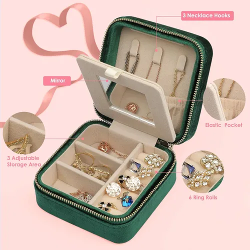 Vista 3 de HiQltyla Joyero de viaje de terciopelo de felpa, organizador de joyas de viaje, mini estuche de regalo para mujeres y niñas, caja de viaje