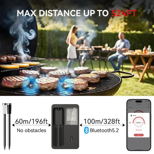 Vista 3 de BFOUR Termómetro Digital Inalámbrico para Carne de 524 Pies con Aplicación Inteligente, Termómetro Bluetooth para Cocinar Ahumador con LCD Booster