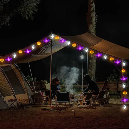 Vista 7 de Luces de Cadena de Halloween, 16.4 pies, 30 LED, Calabaza Murciélago Fantasma, Funciona con Pilas, Luces Naranjas y Moradas con Efecto Naranja