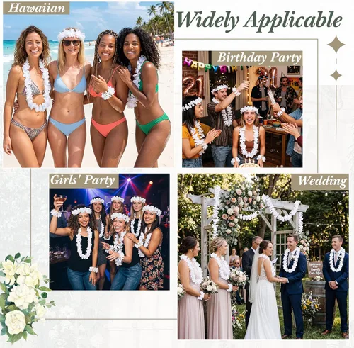 Vista 6 de Hanaive 48 piezas de flores hawaianas blancas Lei para boda a granel floral tropical Luau collar playa guirnalda hawaiana collar pulseras diadema