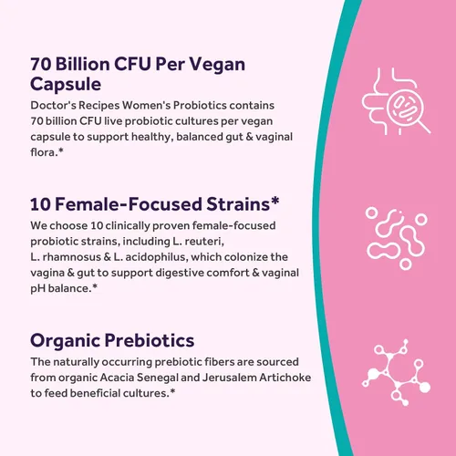 Vista 6 de Doctor's Recipes Paquete de probióticos para mujeres, salud femenina y apoyo gastrointestinal, sin gluten, Pro 50 mil millones (60 cápsulas) y 70