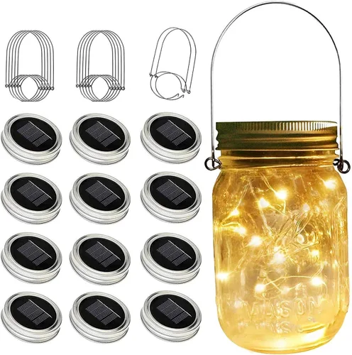 Vista 10 de SunKite Luces solares para tarros de masón, paquete de 12 unidades, 30 LED, impermeables, para frascos de luciérnaga, luces con ganchos
