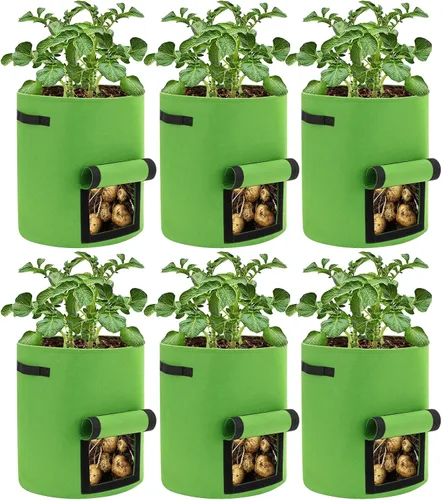Vista 11 de Paquete de 6 bolsas de cultivo de papas, bolsas de plantación de 10 galones, macetas grandes de tela con ventana de solapa, maceta de jardín, Negro