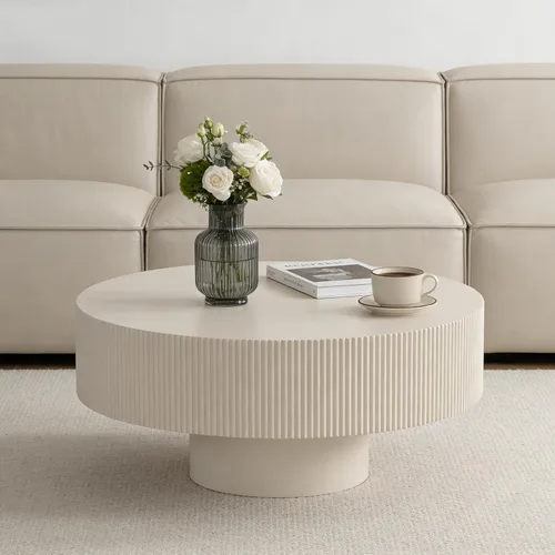 Vista 6 de Mesa de centro redonda acanalada de tambor, moderna mesa de centro circular de madera, mesa de té de relieve hecha a mano con pedestal resistente