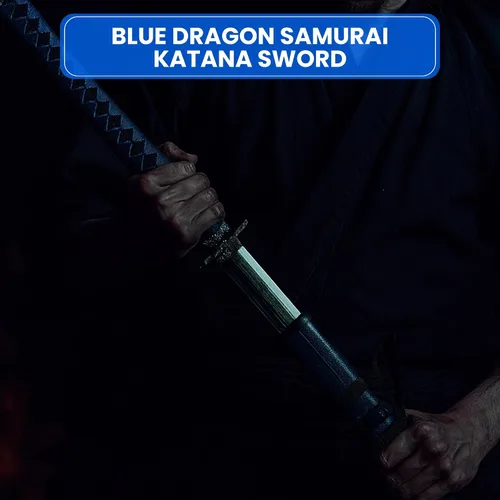Vista 6 de SZCO Espada Katana Samurai de dragón azul de 40 pulgadas, hoja de acero al carbono con vaina de madera, mango envuelto en cordón, espada ninja