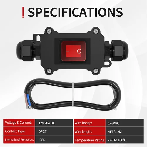 Vista 2 de RVBOATPAT Interruptor de cable en línea de 12 V, 20 A CC, interruptor en línea impermeable IP67 rojo iluminado 2 posiciones 4 pines DPST con cable