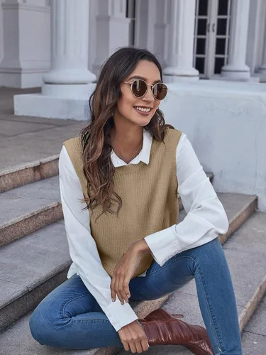 Vista 5 de Verdusa Chaleco de suéter sin mangas con cuello redondo dividido para mujer