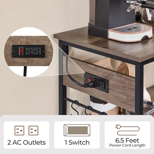 Vista 5 de Yaheetech Carrito de isla de cocina con toma de corriente, carritos de cocina con ruedas con almacenamiento, soporte de microondas de 3 niveles