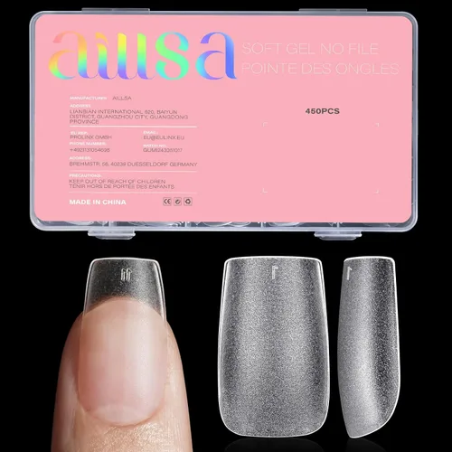 Vista 10 de AILLSA - Puntas de uñas de ataúd extra cortas de cobertura completa, puntas de uñas transparentes de gel acrílico 450 puntas de uñas postizas