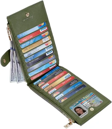 Vista 2 de Travelambo Billetera para mujer con bloqueo RFID plegable para múltiples tarjetas con bolsillo con cremallera, Ejército Verde 7224, Minimalista