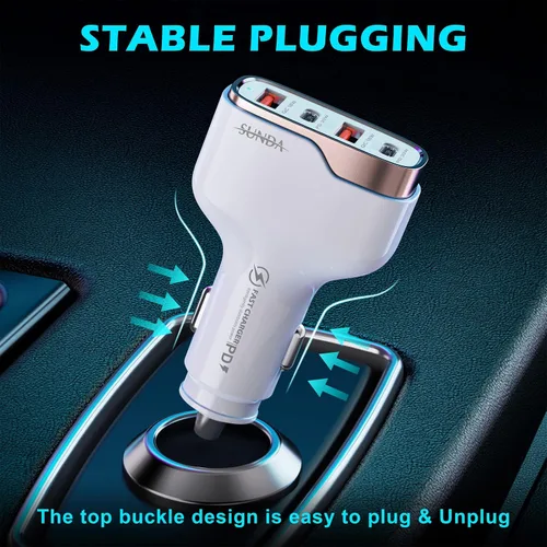 Vista 6 de SUNDA Cargador de Coche USB C Rápido de 60W, Adaptador de Carga de Coche de 4 Puertos, Dual Tipo C PD30W/PPS30W Compatible con iPhone 17/16/15