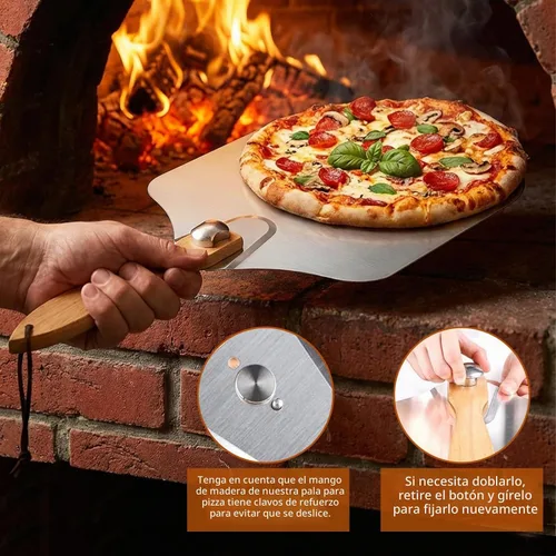 Vista 5 de Juego de Pala y Bandeja para Pizza, 7 Piezas de Accesorios para Horno de Pizza, Pala de Pizza de Metal de 12 Pulgadas (12"x 14") con Mango de Madera