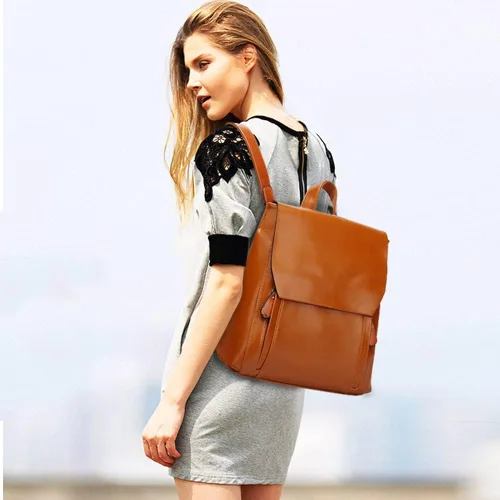 Vista 3 de Dayfine Mochilas vintage para mujer, mochila de cuero de cera de aceite, bolso de mano, bolso de hombro, bolsas casuales para universidad, Marrón