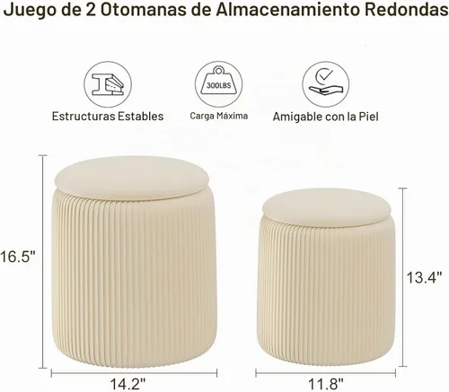 Vista 2 de Juego de 2 otomanas beige con almacenamiento, taburete de tocador tapizado de terciopelo, cómodos taburetes redondos de maquillaje, reposapiés