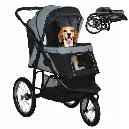 Vista 10 de PawHut Cochecito para mascotas de 3 ruedas, cochecito plegable para perros con toldo ajustable, correa de seguridad, cojín, cesta de almacenamiento