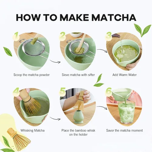 Vista 6 de Juego de té matcha tradicional, juego completo de 8 piezas con cuenco de cerámica Chawan con boquilla, batidor de bambú y soporte, cuchara, tamiz