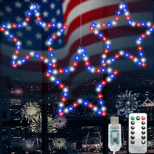 Vista 10 de Red White and Blue Lights,3Pack 4th of July Decorations Iron Framed Hanging Patriotic Star Lights 145LED USB Operated Indoor Window Light for Fourth