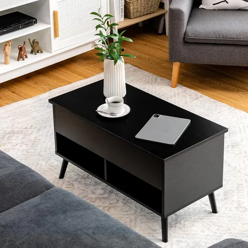 Vista 4 de Tangkula Mesa de centro elevable, mesa de comedor de madera con almacenamiento oculto y 2 estantes abiertos, dispositivo de elevación hidráulica