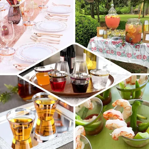 Vista 5 de Efavormart - Juego de 12 vasos de plástico de oro rosa de 10 onzas, diseño de borde para decoración de boda