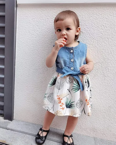 Vista 3 de Saeaby Vestido de Niña Bebé Ropa de Verano para Niña Pequeña Vestido sin Mangas para Bebé Vestido de Mezclilla con Flores Vestido de Verano Vestidos