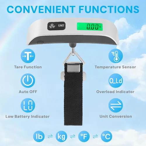 Vista 3 de Báscula digital de equipaje, báscula de equipaje portátil de 110 libras para viajes con pantalla LCD retroiluminada, conmutación de 4