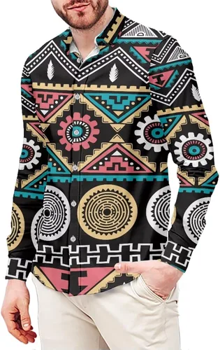 Vista 17 de Camisas aztecas grandes y altas para hombre, diseño étnico azteca tribal del suroeste, camiseta delgada de manga larga con botones
