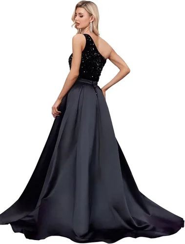 Vista 2 de Vestido de fiesta de lentejuelas de un hombro 2025 con vestido de baile de satén desmontable, vestidos de noche formales brillantes para mujer